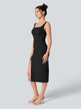 Halara Black SoftlyZero Airy Square Neck Corset Ruched Bodycon Dress Small